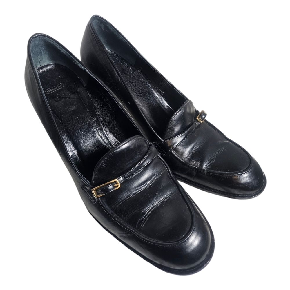 Coach Black Leather Heeled Loafers with Gold Buckle